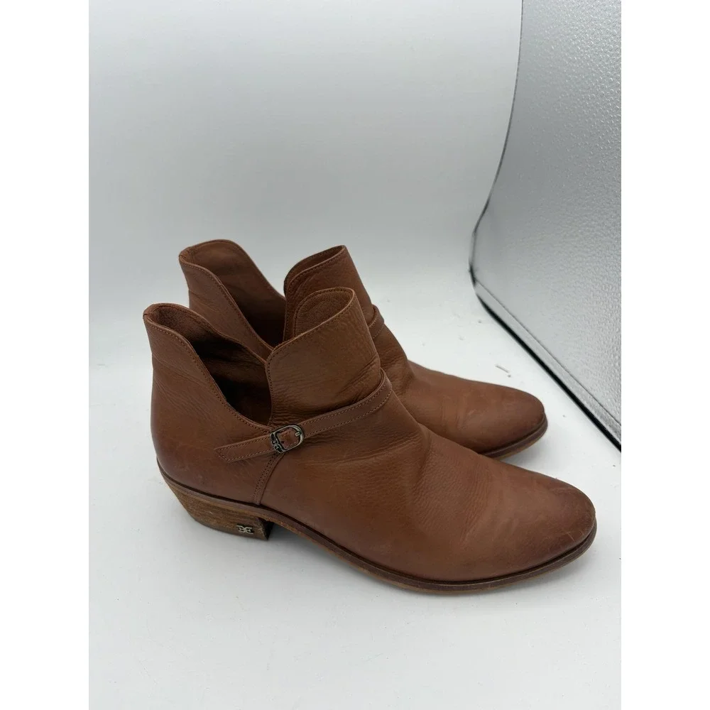 Sam Edelman Boots Womens Size 8 Brown‎ Leather Ankle Booties Buckle Low Heel